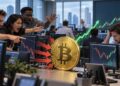 Personas le gritan a una moneda física de bitcoin dentro de una oficina.