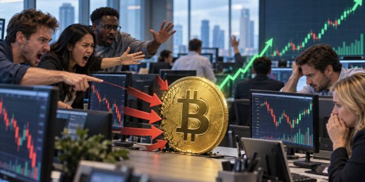 Personas le gritan a una moneda física de bitcoin dentro de una oficina.