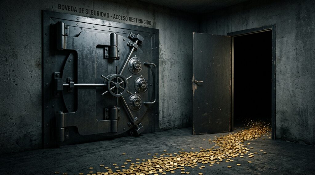 Interior de una bóveda bancaria en penumbra. A la izquierda, una puerta acorazada monumental de acero, con múltiples cerrojos, ruedas de combinación y bisagras masivas, herméticamente cerrada e intacta. A la derecha, a pocos metros, una puerta común y corriente entreabierta de par en par, sin cerradura, dejando ver oscuridad detrás. En el suelo, un reguero de monedas doradas sale por la puerta abierta. Iluminación dramática de claroscuro, tonos fríos de acero y azul profundo con acentos dorados.