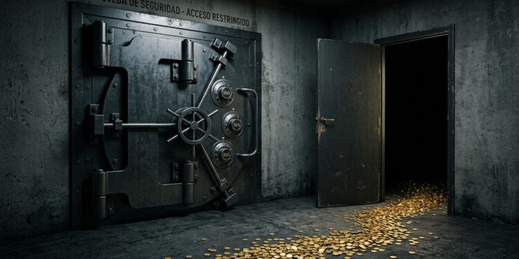 Interior de una bóveda bancaria en penumbra. A la izquierda, una puerta acorazada monumental de acero, con múltiples cerrojos, ruedas de combinación y bisagras masivas, herméticamente cerrada e intacta. A la derecha, a pocos metros, una puerta común y corriente entreabierta de par en par, sin cerradura, dejando ver oscuridad detrás. En el suelo, un reguero de monedas doradas sale por la puerta abierta. Iluminación dramática de claroscuro, tonos fríos de acero y azul profundo con acentos dorados.