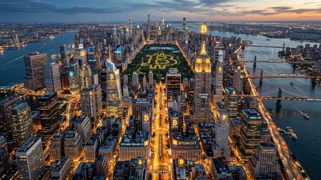 La ciudad de Manhattan bajo un estilo bitcoiner.