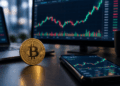Moneda de Bitcoin frente a gráficos de mercado con fuerte actividad comercial.
