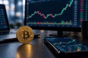 Moneda de Bitcoin frente a gráficos de mercado con fuerte actividad comercial.