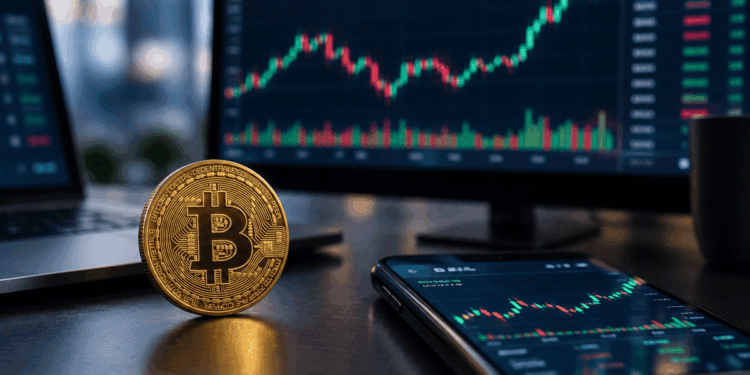 Moneda de Bitcoin frente a gráficos de mercado con fuerte actividad comercial.