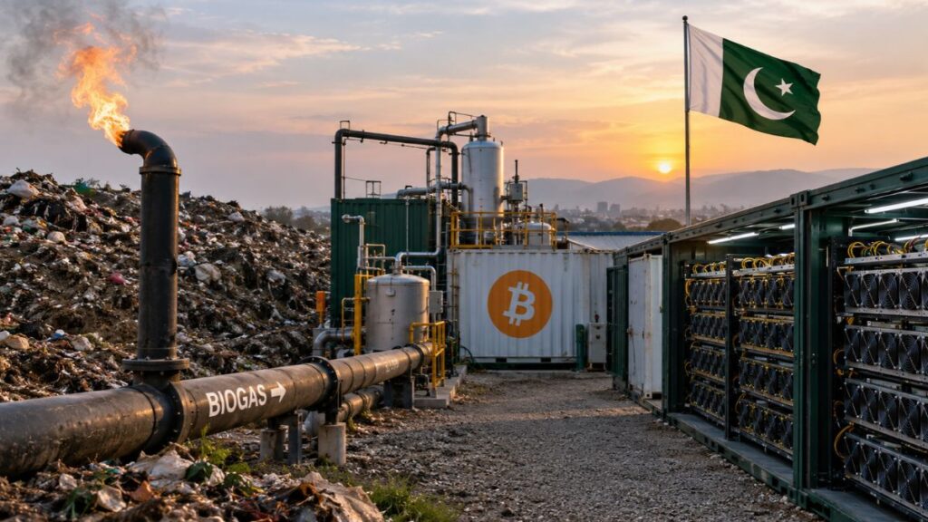 Planta de minería de Bitcoin alimentada por biogás en un vertedero de Pakistán, con contenedores de procesadores y una bandera nacional al atardecer.