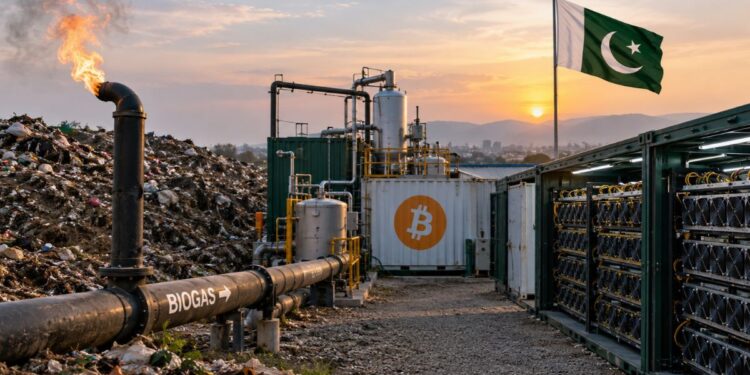 Planta de minería de Bitcoin alimentada por biogás en un vertedero de Pakistán, con contenedores de procesadores y una bandera nacional al atardecer.