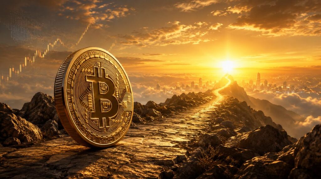Una moneda física de bitcoin mirando hacia el horizonte.