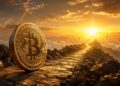 Una moneda física de bitcoin mirando hacia el horizonte.