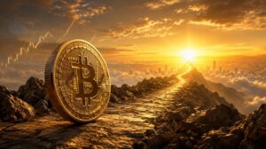 Una moneda física de bitcoin mirando hacia el horizonte.