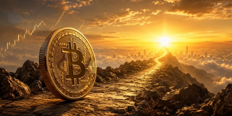 Una moneda física de bitcoin mirando hacia el horizonte.