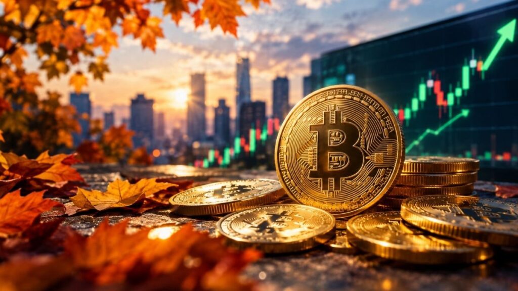 Monedas de Bitcoin doradas entre hojas secas de otoño con un gráfico financiero alcista y una ciudad al atardecer de fondo.
