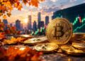 Monedas de Bitcoin doradas entre hojas secas de otoño con un gráfico financiero alcista y una ciudad al atardecer de fondo.