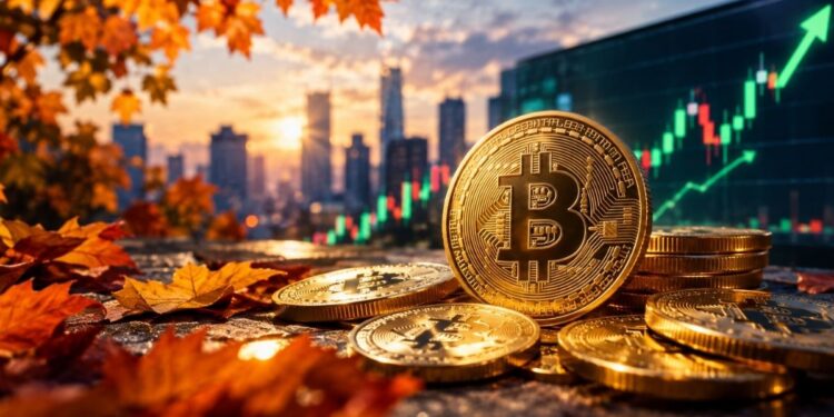 Monedas de Bitcoin doradas entre hojas secas de otoño con un gráfico financiero alcista y una ciudad al atardecer de fondo.