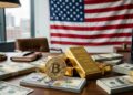 Bitcoin junto a lingotes de oro, con dinero alrededor y la bandera de EE. UU en el fondo.
