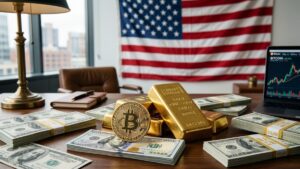 Bitcoin junto a lingotes de oro, con dinero alrededor y la bandera de EE. UU en el fondo.