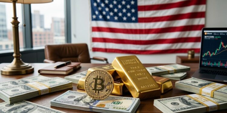 Bitcoin junto a lingotes de oro, con dinero alrededor y la bandera de EE. UU en el fondo.