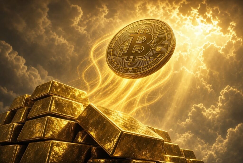 Moneda dorada de Bitcoin ascendiendo sobre un montón de lingotes de oro
