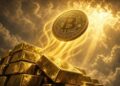 Moneda dorada de Bitcoin ascendiendo sobre un montón de lingotes de oro