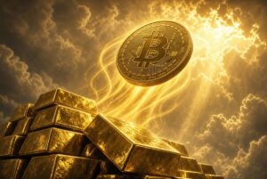 Moneda dorada de Bitcoin ascendiendo sobre un montón de lingotes de oro