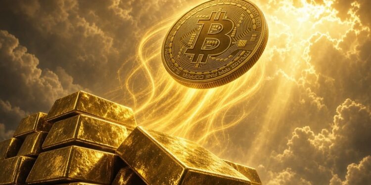 Moneda dorada de Bitcoin ascendiendo sobre un montón de lingotes de oro
