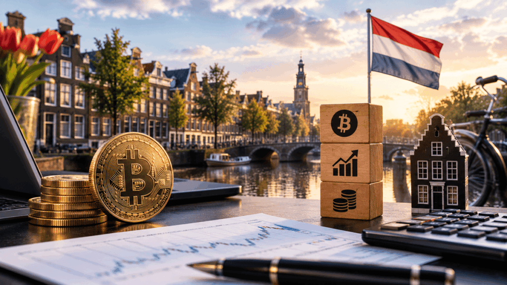 Bandera de Países bajos junto a una moneda de bitcoin y papeles legales