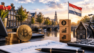 Bandera de Países bajos junto a una moneda de bitcoin y papeles legales