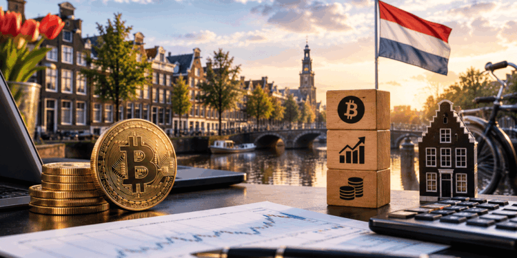 Bandera de Países bajos junto a una moneda de bitcoin y papeles legales