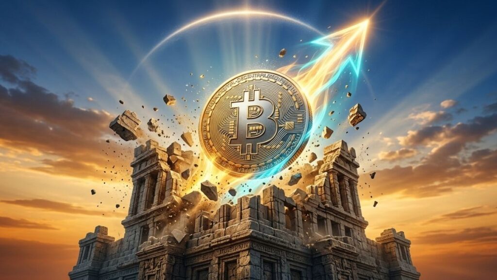 moneda de bitcoin rompiendo al alza un edificio antiguo