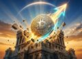 moneda de bitcoin rompiendo al alza un edificio antiguo