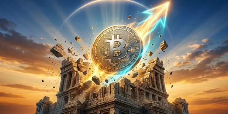 moneda de bitcoin rompiendo al alza un edificio antiguo