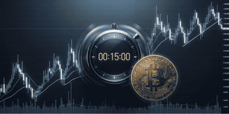 Un temporizador con 15 min y el logo de BTC.