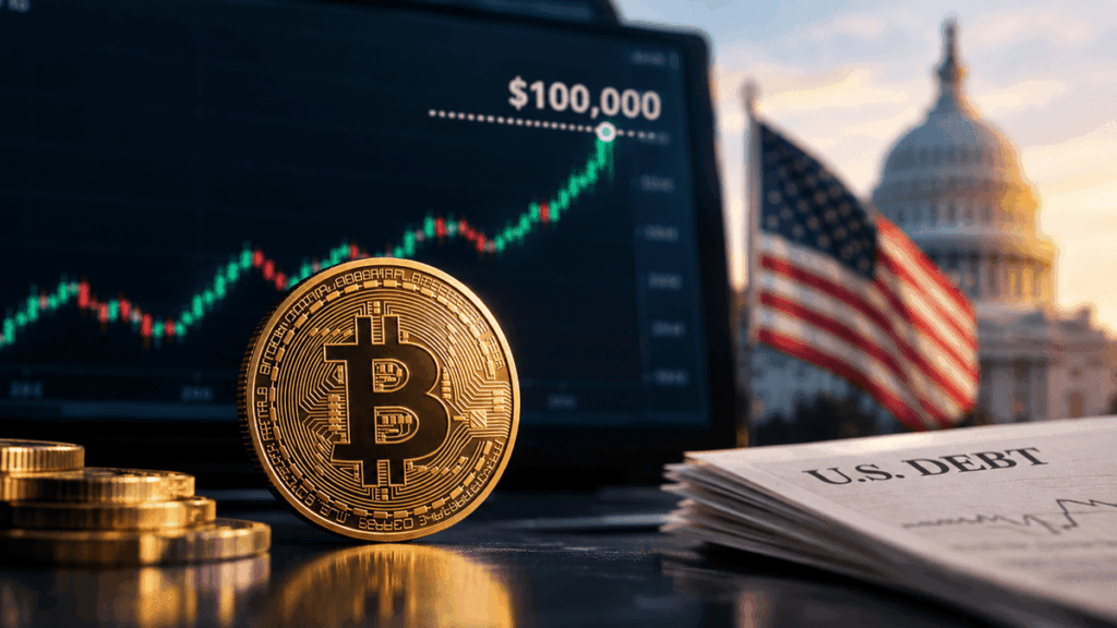 Moneda de Bitcoin frente a un gráfico alcista que apunta a USD 100.000, con la bandera de EE. UU. y el Capitolio al fondo.