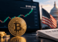 Moneda de Bitcoin frente a un gráfico alcista que apunta a USD 100.000, con la bandera de EE. UU. y el Capitolio al fondo.