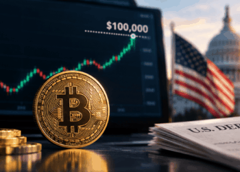 Moneda de Bitcoin frente a un gráfico alcista que apunta a USD 100.000, con la bandera de EE. UU. y el Capitolio al fondo.