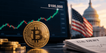 Moneda de Bitcoin frente a un gráfico alcista que apunta a USD 100.000, con la bandera de EE. UU. y el Capitolio al fondo.