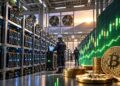 Equipos de minería de bitcoin frente a monedas físicas de BTC y una pantalla que muestra gráficos de precio.