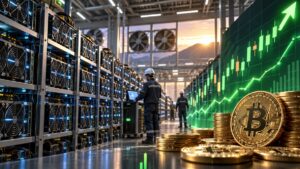 Equipos de minería de bitcoin frente a monedas físicas de BTC y una pantalla que muestra gráficos de precio.