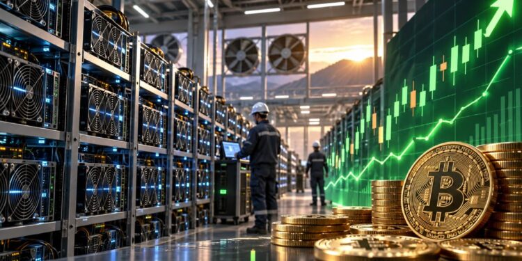 Equipos de minería de bitcoin frente a monedas físicas de BTC y una pantalla que muestra gráficos de precio.