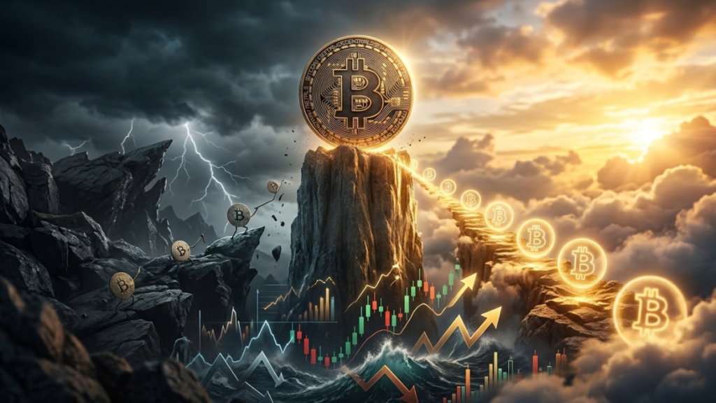 Moneda de Bitcoin dorada sobre una cima rocosa dividida entre un cielo de tormenta con rayos y un amanecer soleado con gráficas alcistas.