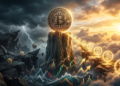 Moneda de Bitcoin dorada sobre una cima rocosa dividida entre un cielo de tormenta con rayos y un amanecer soleado con gráficas alcistas.
