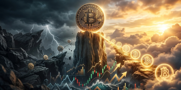 Moneda de Bitcoin dorada sobre una cima rocosa dividida entre un cielo de tormenta con rayos y un amanecer soleado con gráficas alcistas.