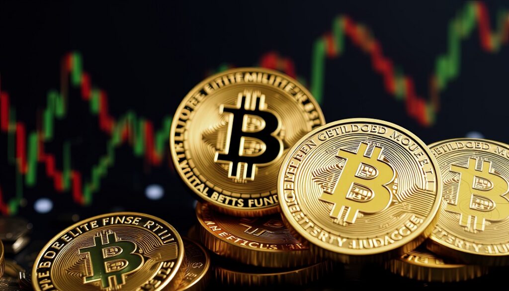 Gráfico de precio genérico y monedas de bitcoin.