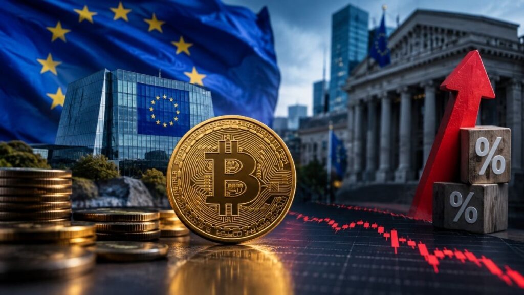 Bitcoin y gráficos de mercado frente a banderas de la Unión Europea y una bolsa de valores.