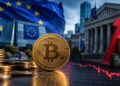 Bitcoin y gráficos de mercado frente a banderas de la Unión Europea y una bolsa de valores.