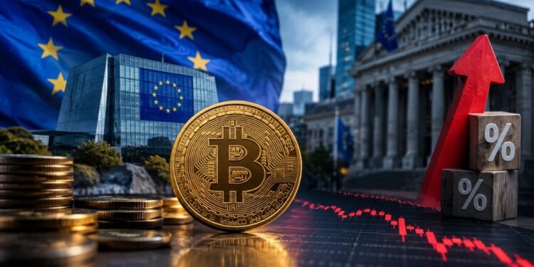 Bitcoin y gráficos de mercado frente a banderas de la Unión Europea y una bolsa de valores.