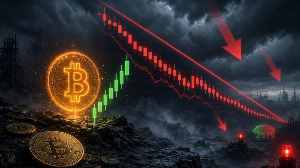Monedas de Bitcoin junto a un gráfico financiero con velas rojas y flechas en caída bajo un cielo tormentoso.