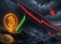 Monedas de Bitcoin junto a un gráfico financiero con velas rojas y flechas en caída bajo un cielo tormentoso.