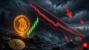Monedas de Bitcoin junto a un gráfico financiero con velas rojas y flechas en caída bajo un cielo tormentoso.