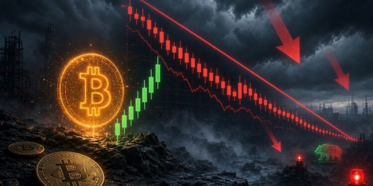 Monedas de Bitcoin junto a un gráfico financiero con velas rojas y flechas en caída bajo un cielo tormentoso.