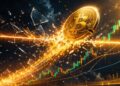 Una moneda de bitcoin sale disparada a toda velocidad y rompe un gráfico de precios.